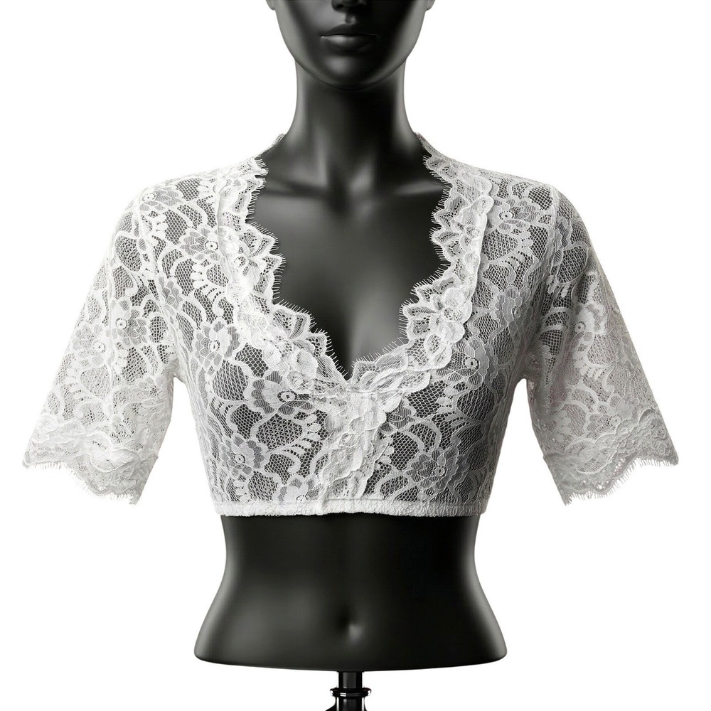 New S White Lace Dirndl Blouse Undershirt Top Stretchy V Neck Crop